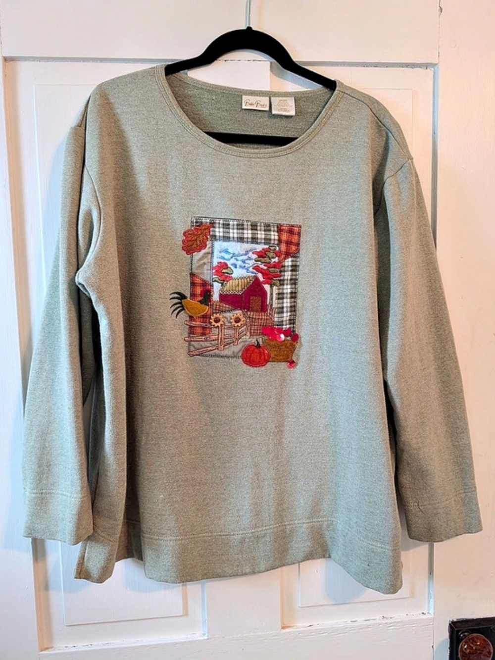 Bobbie Brooks Fall Harvest Patchwork Embroidered Crewneck Sweatshirt Green XL